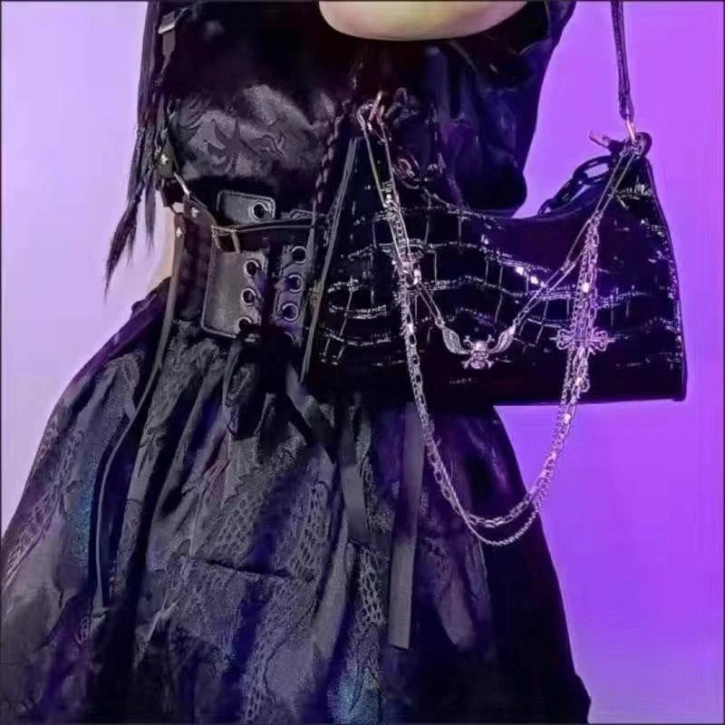 Y2K Skull Shoulder Bag – Crocodile Pattern Dark Punk Handbag
