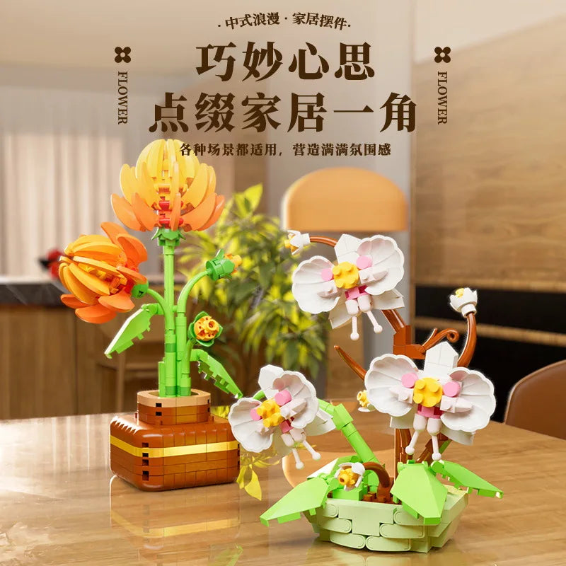 Micro Bonsai Building Blocks – Potted Plum Blossom & Succulent Plant Model