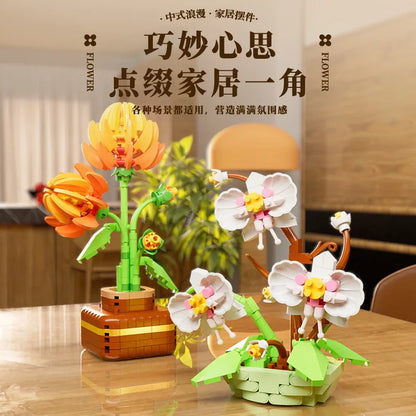 Micro Bonsai Building Blocks – Potted Plum Blossom & Succulent Plant Model