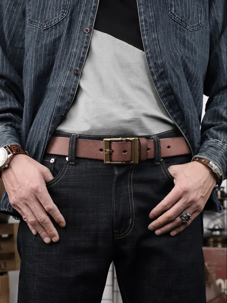 Genuine Leather Men's Belt with Brass Buckle – Handmade Cowhide