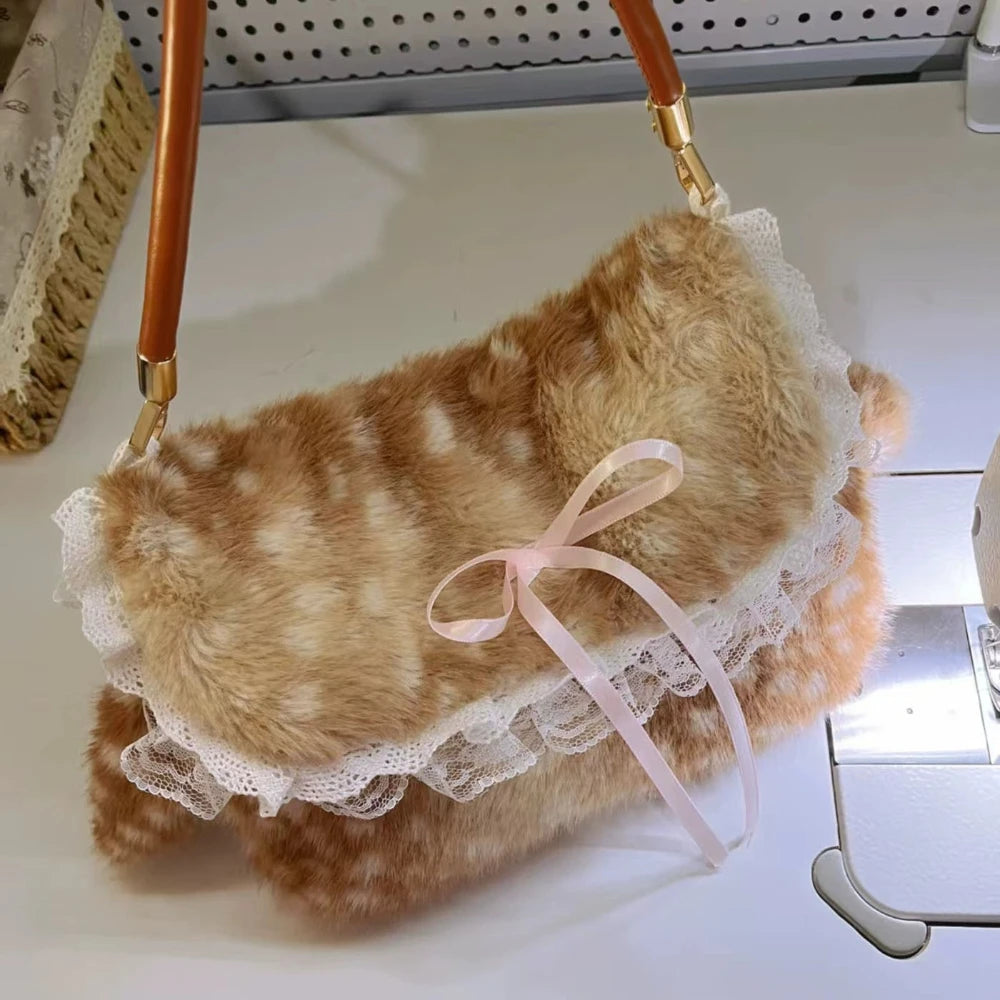 Kawaii Plush Crossbody Bag – Cute Fuzzy Deer Handbag for Women