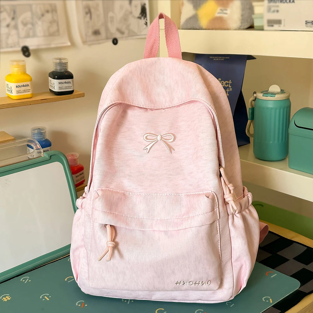 Bow Embroidery Pastel Backpack for Teen Girls – Cute School Bag