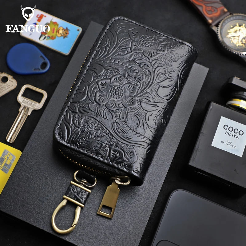 Genuine Leather Key Wallet – Floral Embossed Zipper Pouch with Card & Coin Slots