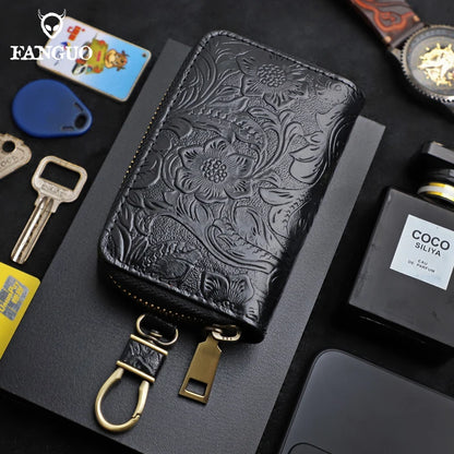 Genuine Leather Key Wallet – Floral Embossed Zipper Pouch with Card & Coin Slots