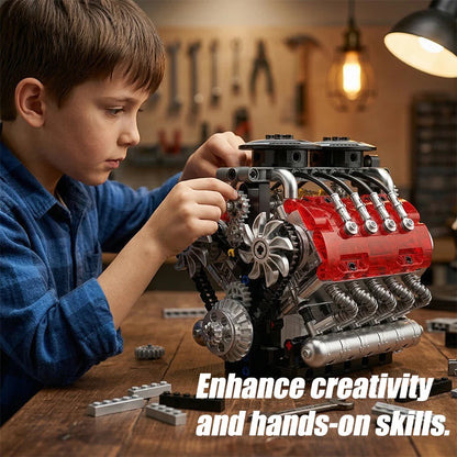 MOC Twin Turbo V8 Engine Building Blocks – Motorized Technical Set
