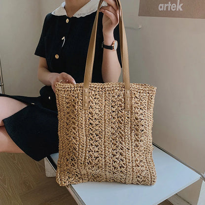 Straw Beach Bag Handwoven Tote with Leather Straps
