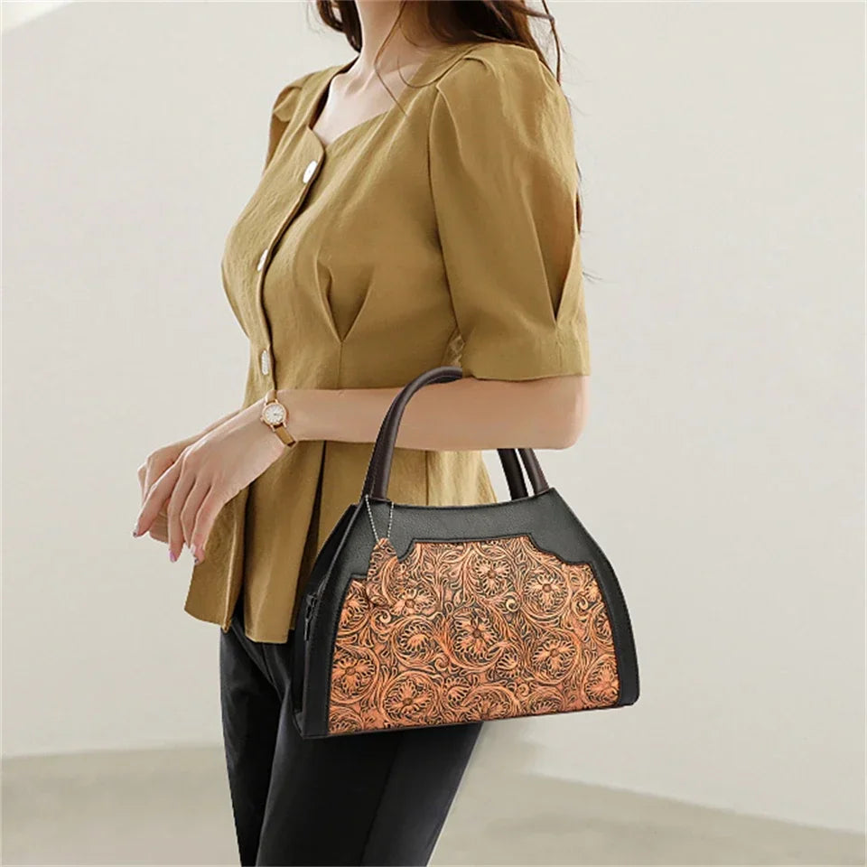 Luxury Floral Embossed Leather Handbag for Women