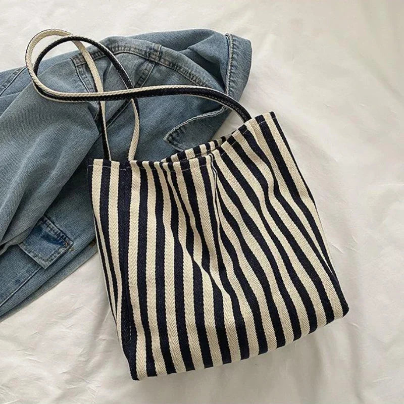 Large Canvas Tote Bag – Striped Shopper Shoulder Bag