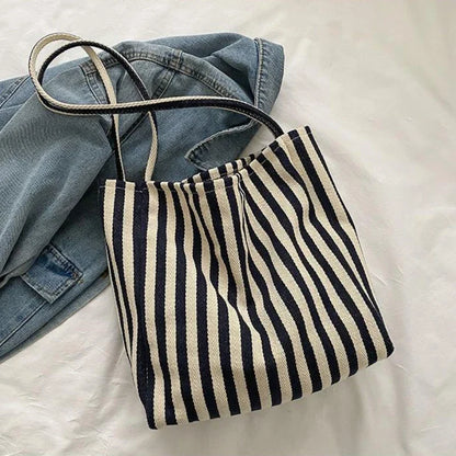 Large Canvas Tote Bag – Striped Shopper Shoulder Bag