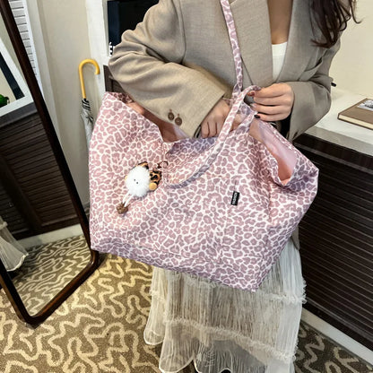 Leopard Print Canvas Tote Bag – Large Capacity Shoulder Handbag for Women