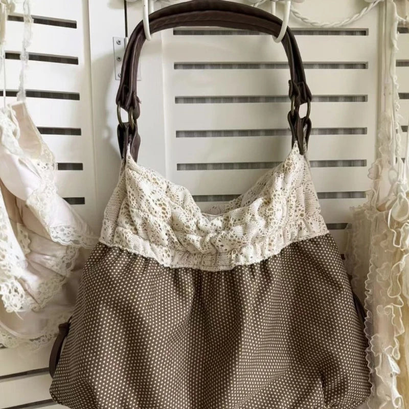 Lace Tote Bag Women's Retro Polka Dot Shoulder Bag