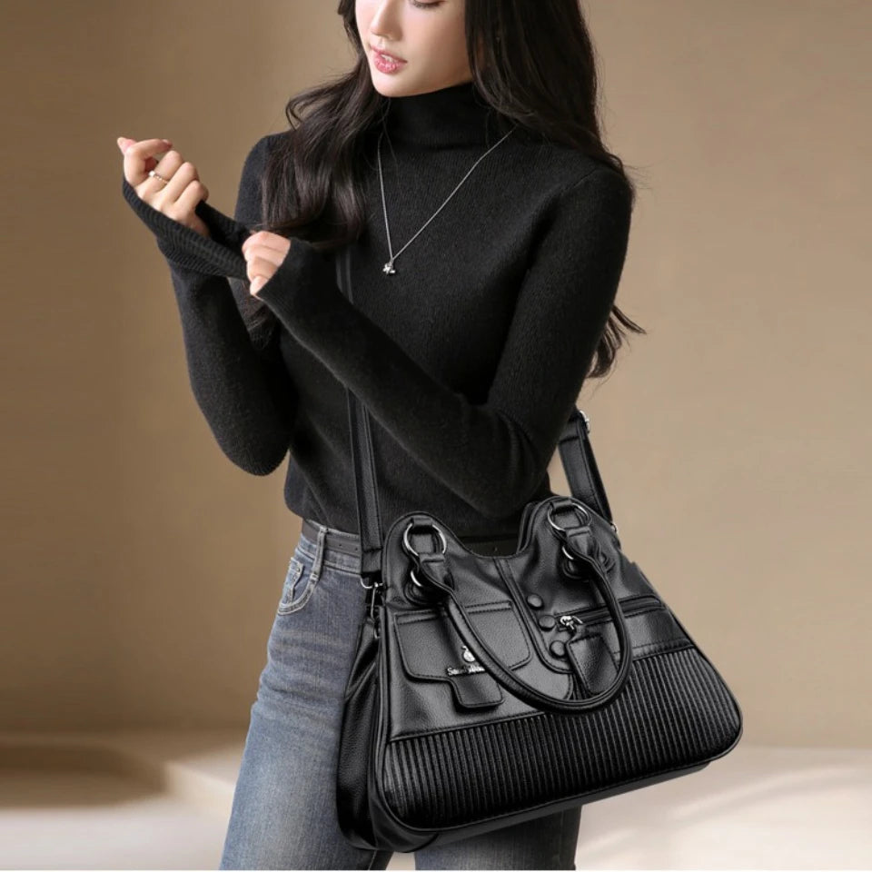 Vegan Leather Tote Handbag with Multi-Pocket & Crossbody Strap