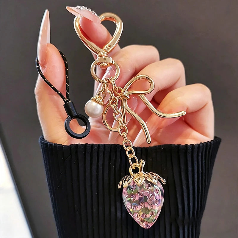 Crystal Strawberry Keychain with Bow & Heart Charm