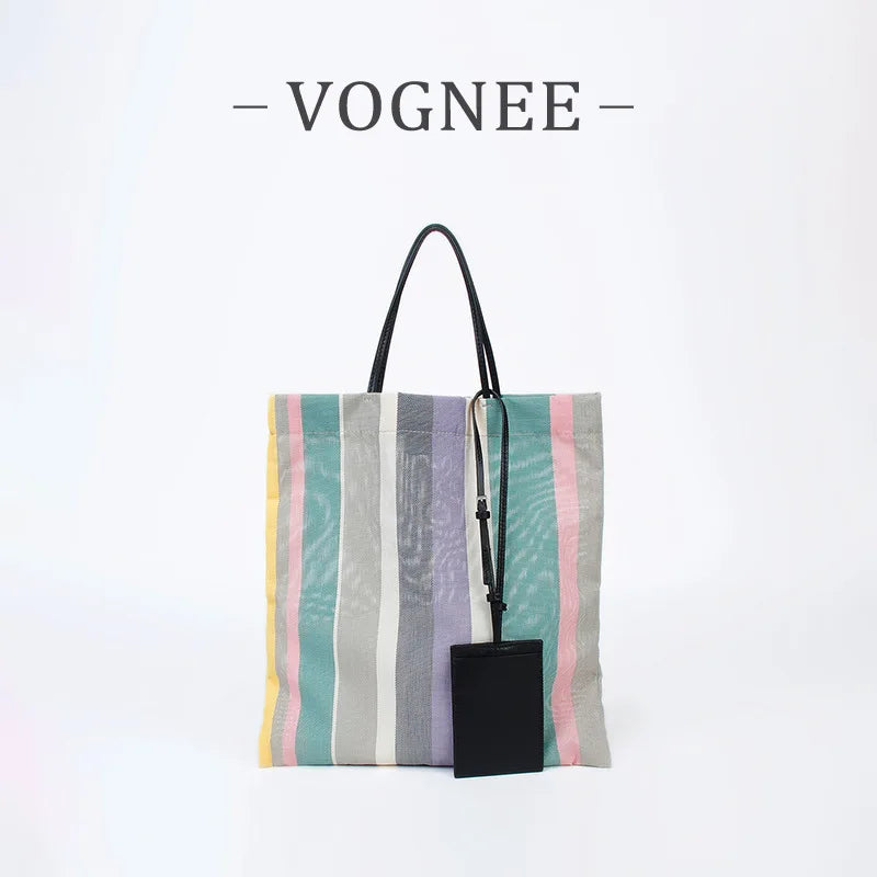 Rainbow Striped Tote Bag – Designer Shoulder Bag with Card Holder