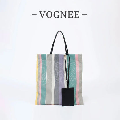 Rainbow Striped Tote Bag – Designer Shoulder Bag with Card Holder
