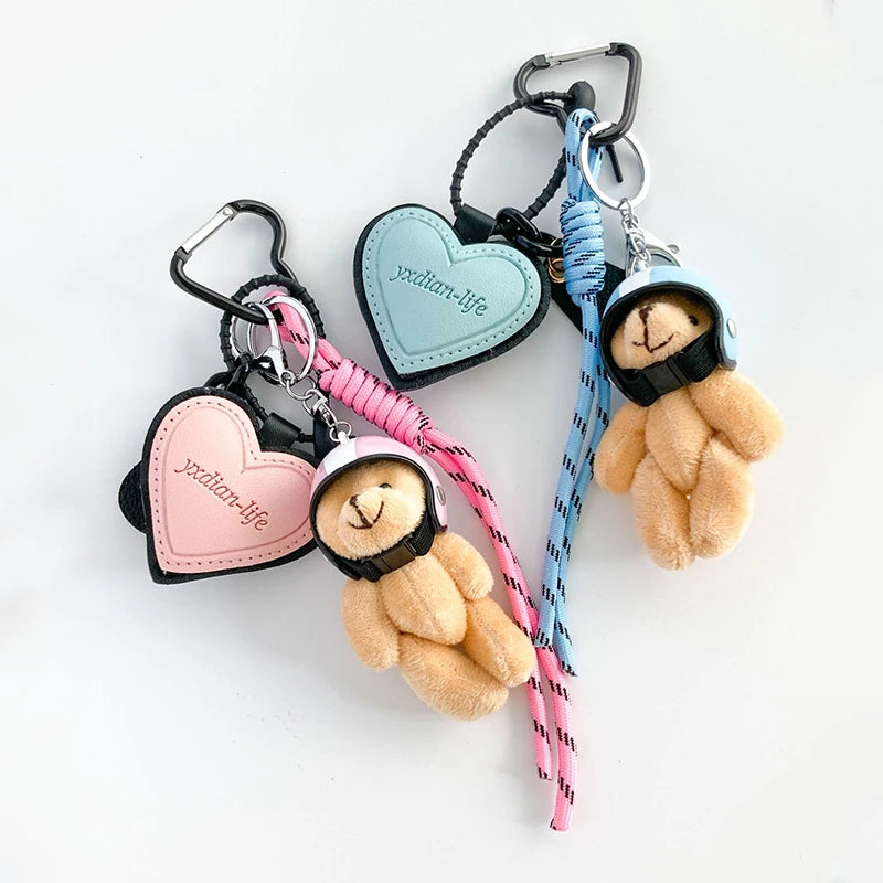 Helmet Bear Keychain Bag Charm with Heart Leather Tag