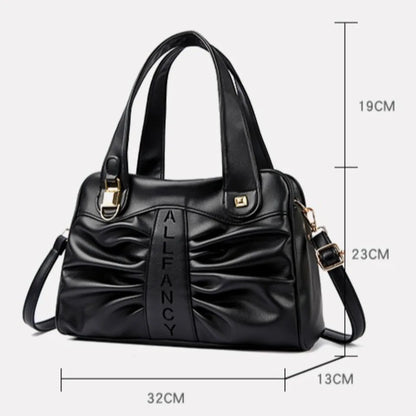 Ruched Vegan Leather Handbag with Top Handle & Crossbody Strap