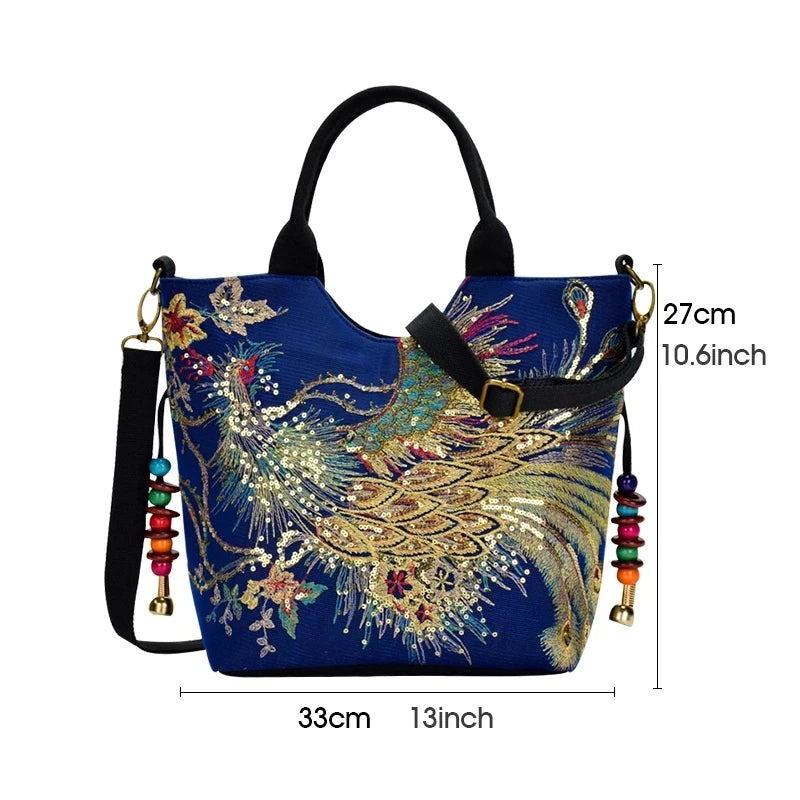 Peacock Embroidered Shoulder Bag for Women – Sequin Tote