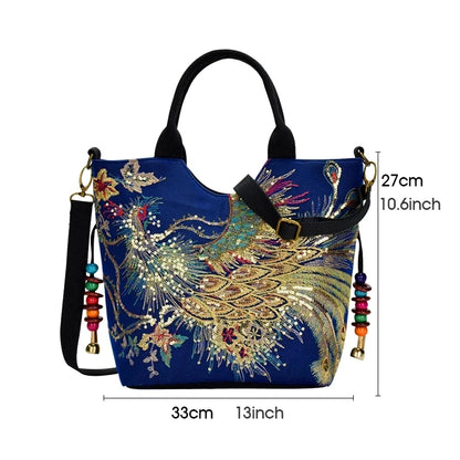 Peacock Embroidered Shoulder Bag for Women – Sequin Tote