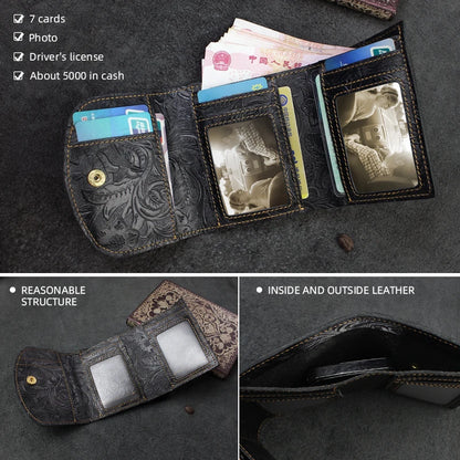 Genuine Leather Short Wallet – Floral Embossed Bifold Card Holder