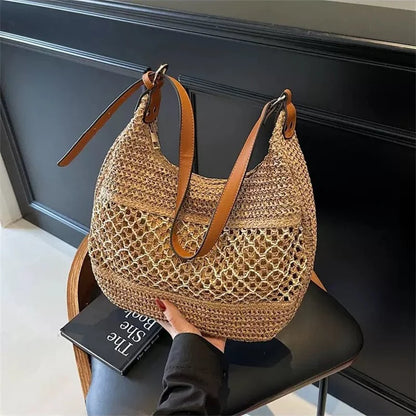 Straw Woven Shoulder Tote Bag with Adjustable Leather Strap