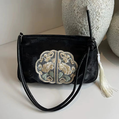 Chinese Embroidery Tote Bag – Soft Satchel with Tassel & Rope Handle
