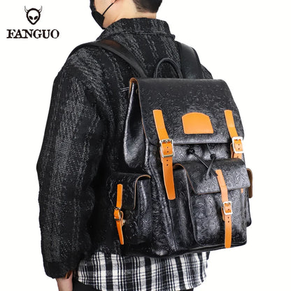 Genuine Leather Men's Backpack – Vintage Floral Embossed Laptop Bag