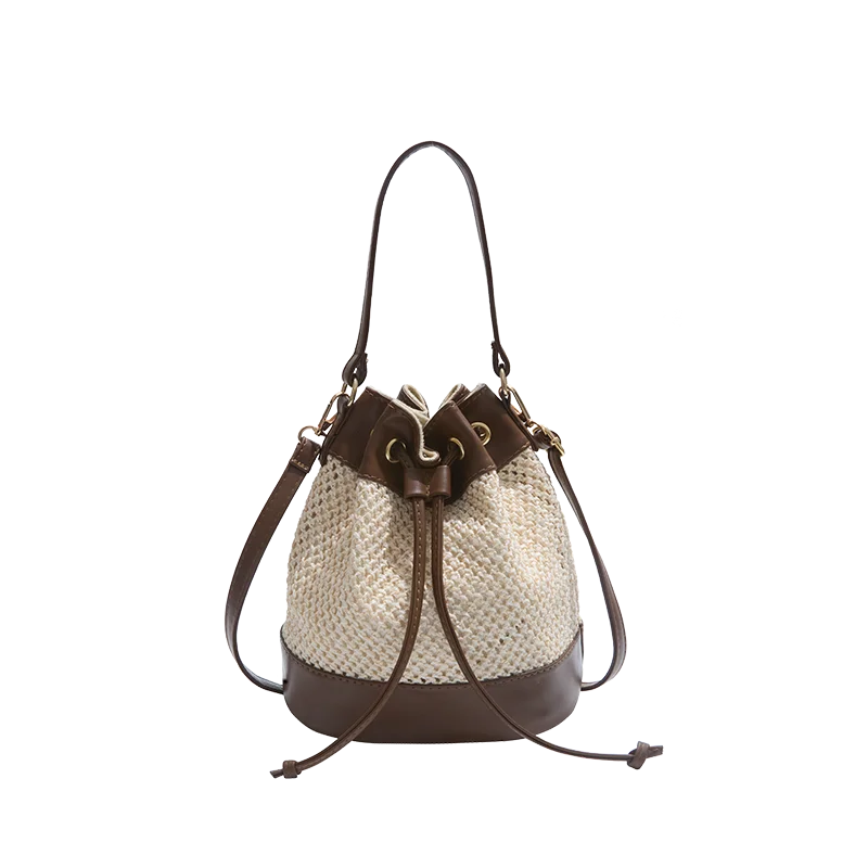 Woven Straw Bucket Bag – Women's Drawstring Crossbody