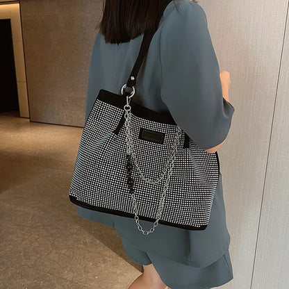 Rhinestone Tote Bag for Women – Large Bling Diamond PU Leather Chain Shoulder Bag