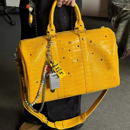 Crocodile Pattern Travel Handbag with Diamond Embellishments