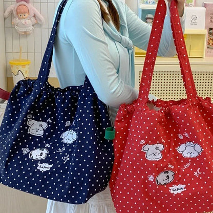 Cute Polka Dot Puppy Embroidery Shoulder Bag Cartoon Graffiti Nylon Tote Lightweight Large Capacity