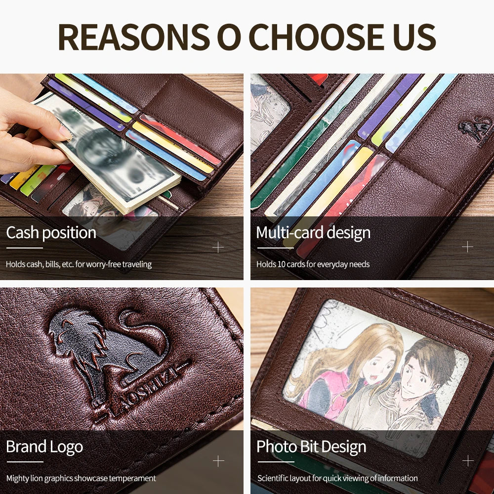Men's Genuine Leather Long Wallet – Multi-Card Slot Bifold