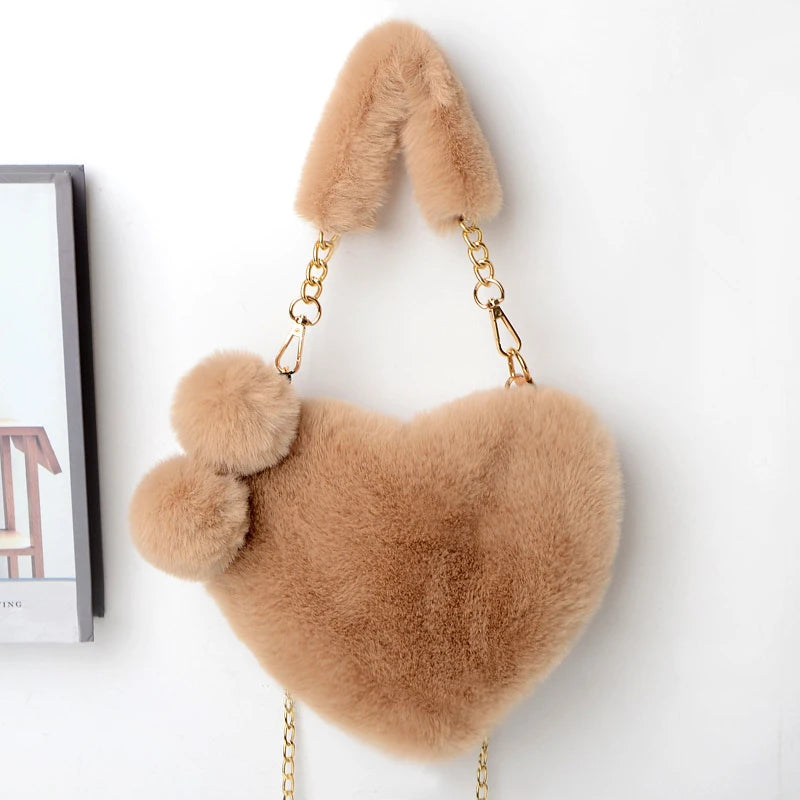 Heart-Shaped Plush Purse – Cute Fluffy Crossbody Bag for Women