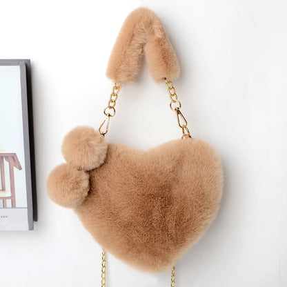 Heart-Shaped Plush Purse – Cute Fluffy Crossbody Bag for Women