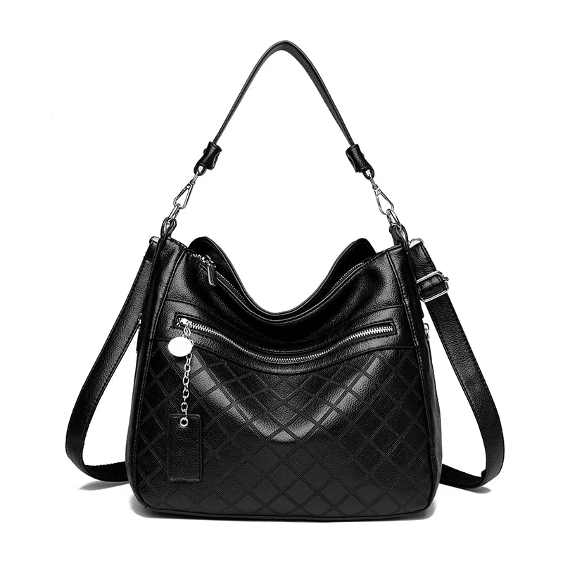 Large Leather Hobo Handbag with Quilted Detail & Shoulder Strap