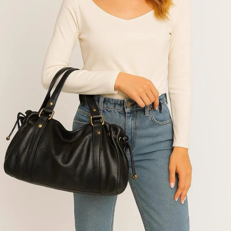 Vintage Large Ruched Drawstring Soft Leather Tote Bag Women S Crossbody Simple Handbag Commuter