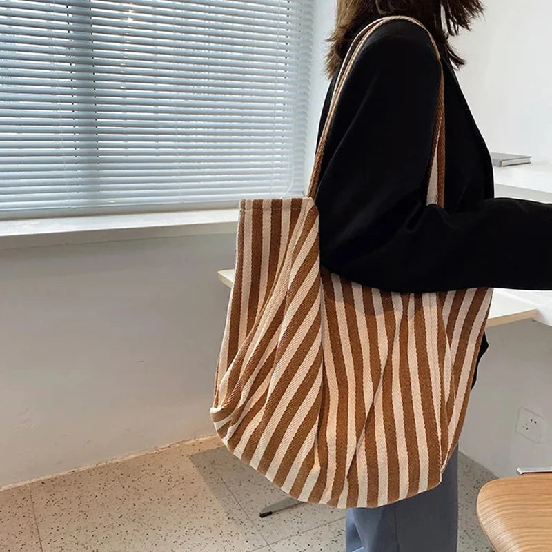 Striped Canvas Tote Bag – Large Capacity Women's Shoulder Bag