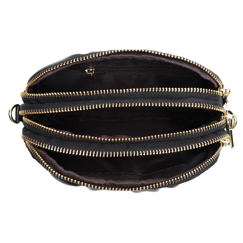 Genuine Leather Crossbody Bag – Multi-Zip Cowhide Shoulder Bag for Women