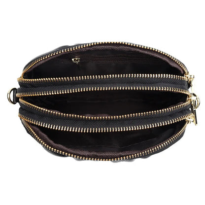 Genuine Leather Crossbody Bag – Multi-Zip Cowhide Shoulder Bag for Women