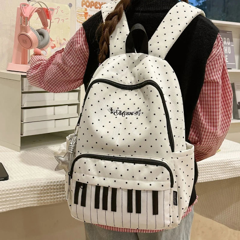 Cute Piano Key Print Backpack Women Polka Dot Music Theme School Bag Stylish Star Charm Student