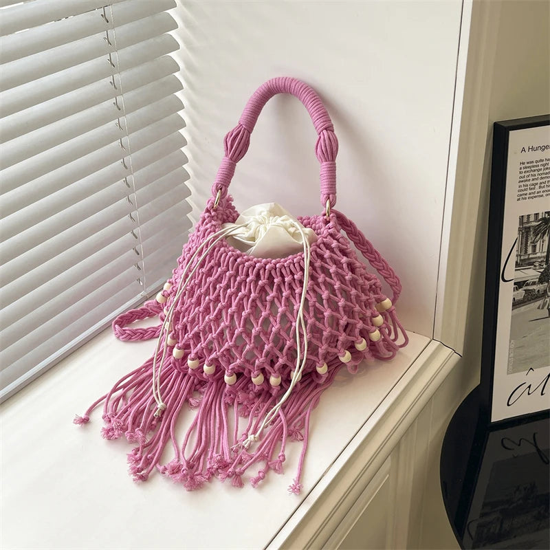 Moods Boho Style Shoulder Basket Bags Women 2-In-1 Yarn Knitted Drawstring Bucket Handbags Summer