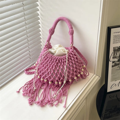 Moods Boho Style Shoulder Basket Bags Women 2-In-1 Yarn Knitted Drawstring Bucket Handbags Summer