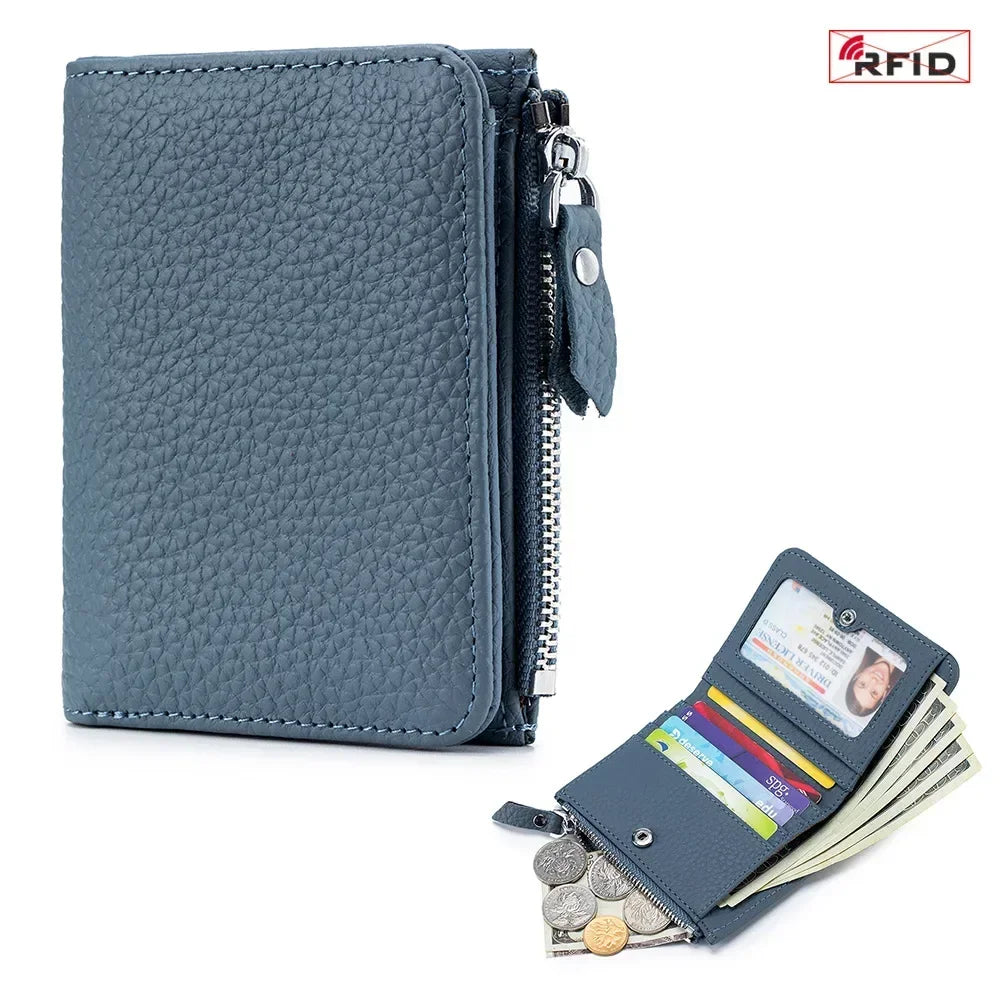 RFID Blocking Genuine Leather Wallet for Women – Short Bifold with Zipper Coin Purse