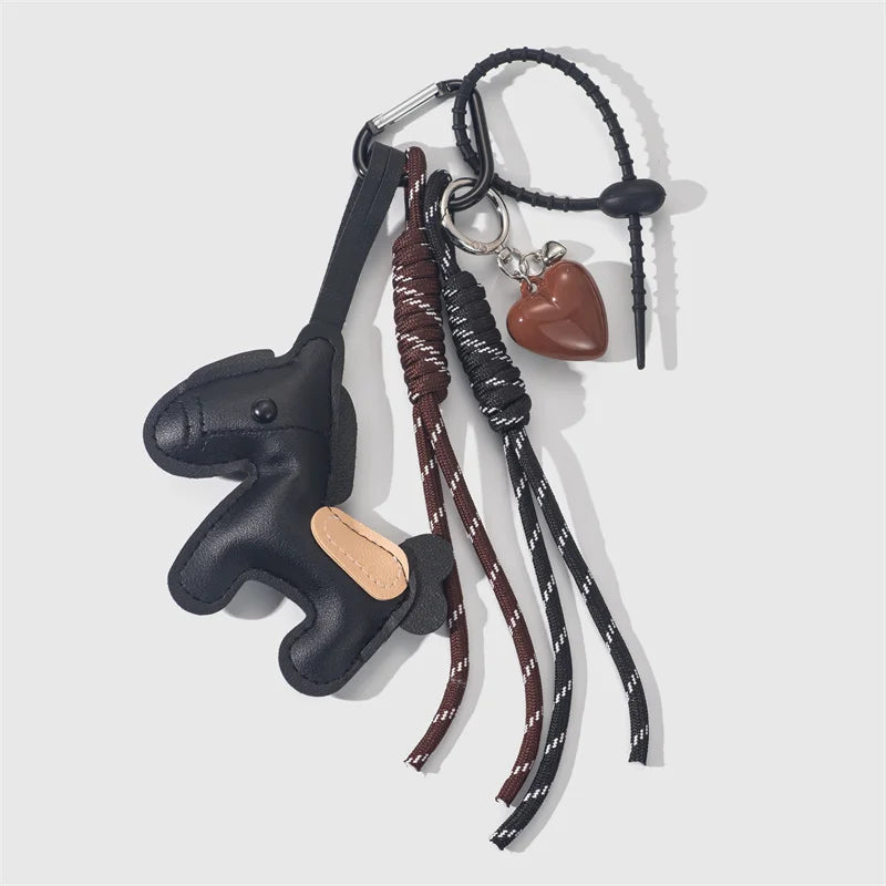 PU Leather Pony Keychain Bag Charm with Braided Rope & Bow