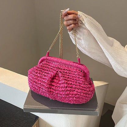 Straw Woven Cloud Bag – Gold Chain Shoulder Purse for Women