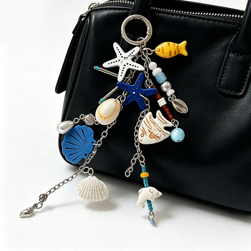 Beach Ocean Keychain Bag Charm with Shell Starfish & Fish Pendants