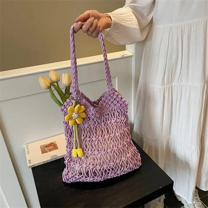 Straw Woven Hollow-Out Shoulder Bag with Flower Charm