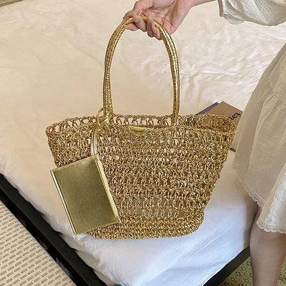Gold Woven Tote Bag - Large Capacity Hollow Shoulder Bag for Women