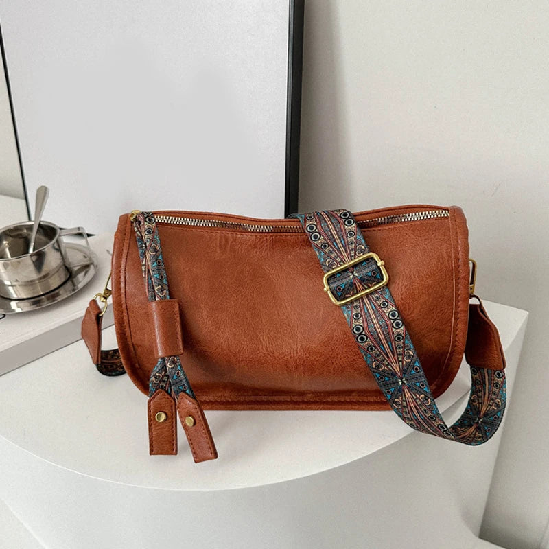 Vintage Leather Crossbody Bag – Pillow Style with Boho Printed Strap