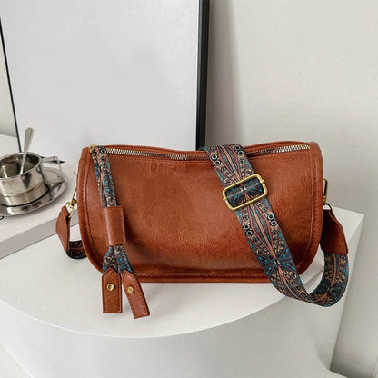 Vintage Leather Crossbody Bag – Pillow Style with Boho Printed Strap